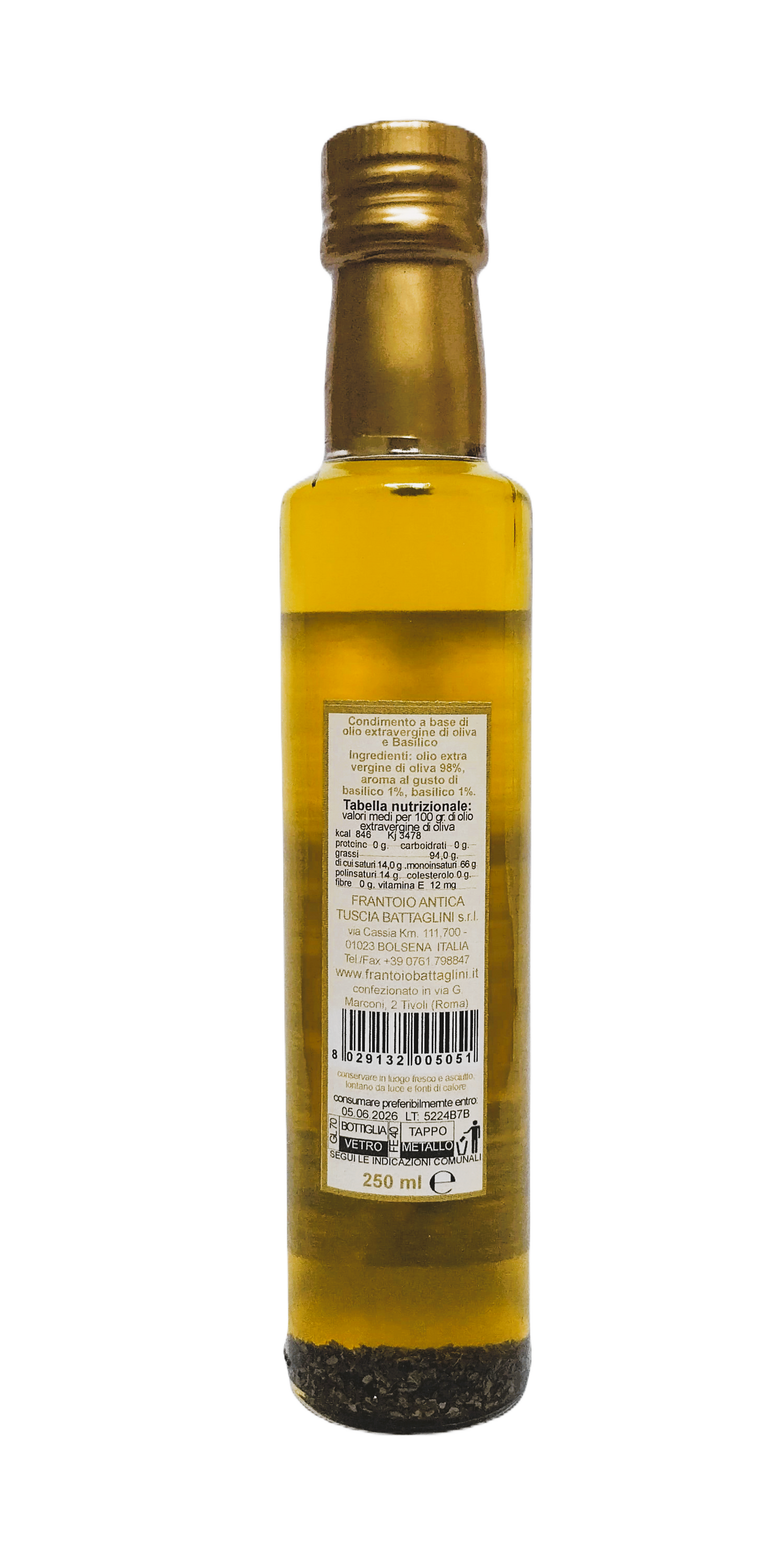 Olijfolie Extra Vergine + Basilico - Fles 250 ml